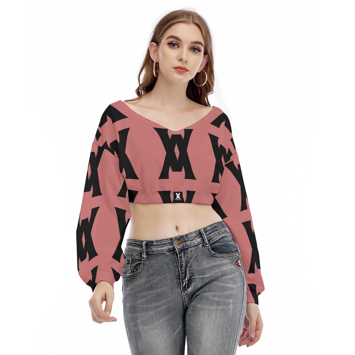 Tamilastore Women's V-Neck Long Sleeve Cropped Sweatshirt with Elastic Hem