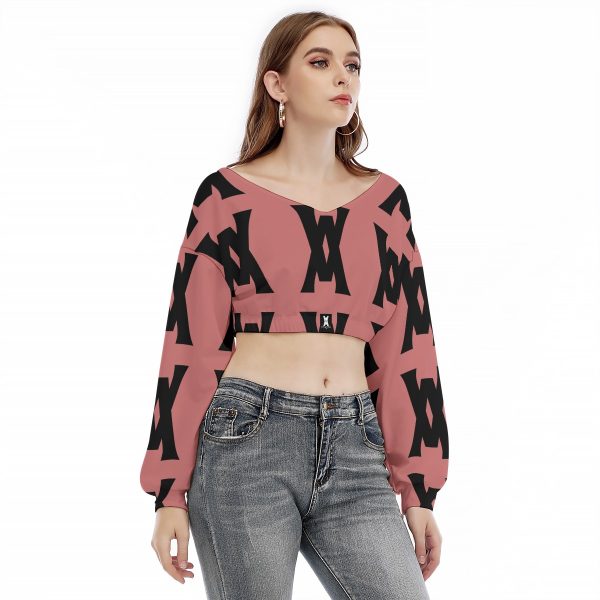 Tamilastore Women's V-Neck Long Sleeve Cropped Sweatshirt with Elastic Hem - Image 2